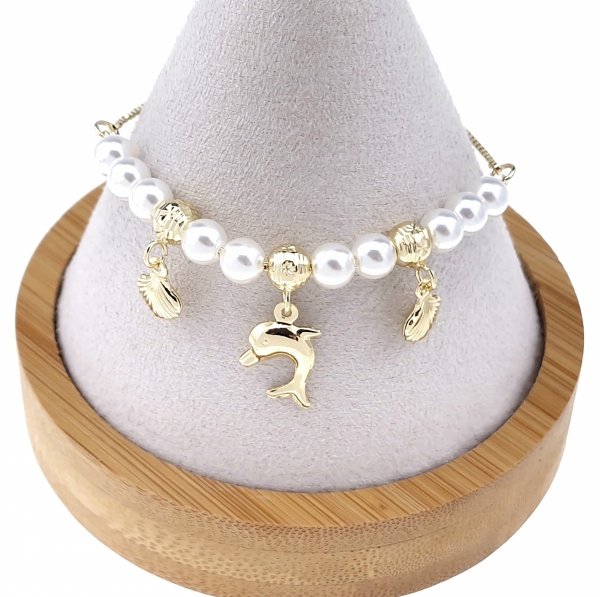 0133  Bransoletka elegancka złota zaciągana pozłacana 14k perły delfin muszelka