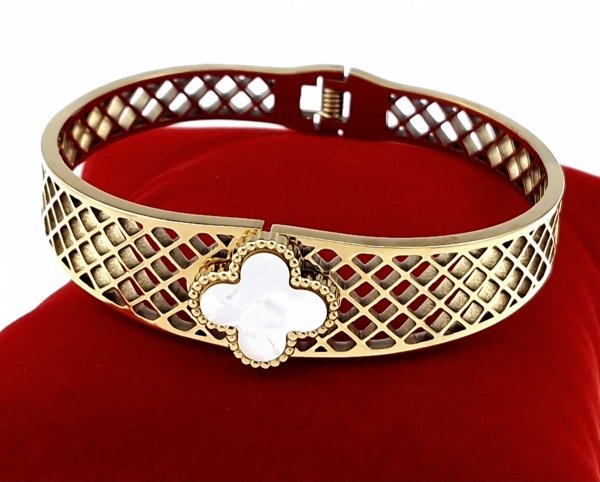 sz163 Bransoletka złota 6,5cm stal chirurgiczna bangla 316L koniczyna marokańska