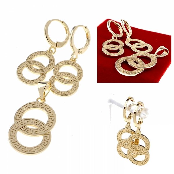 4278 Komplet złoty pozłacany 14k kolczyki zawieszka wzór grecki