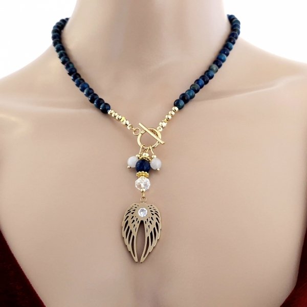 1914b Naszyjnik naturalny kamień niebieskie tygrysie oko 43cm stal chirurgiczna 