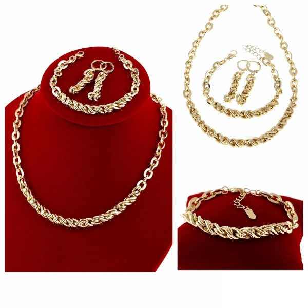 op63 Komplet złoty pozłacany 14k kolczyki łańcuszek 45+5cm, bransoletka 17+3cm