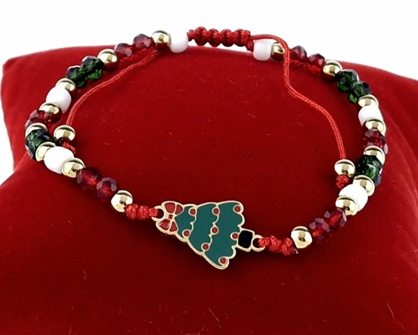 1019 Bransoletka świąteczna na sznurku stal chirurgiczna choinka