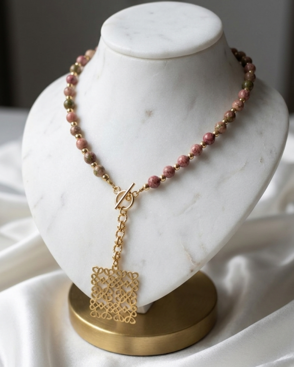 727g Naszyjnik koralowe paciorki kopalne kamień naturalny 62cm stal chirurgiczna nierdzewna