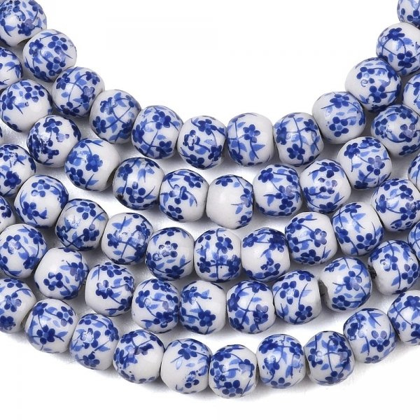 sz62 Koraliki ceramiczne z nadrukiem kwiatowym, okrągłe 6 mm, sznur ok 33cm