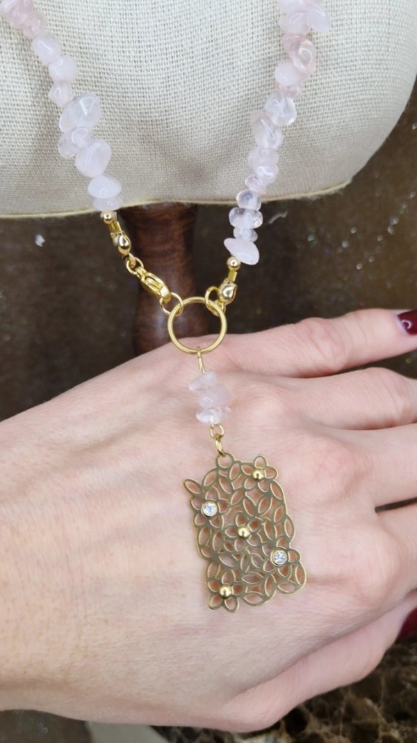 1299h Naszyjnik naturalny kamień kwarc różowy 73cm stal chirurgiczna 