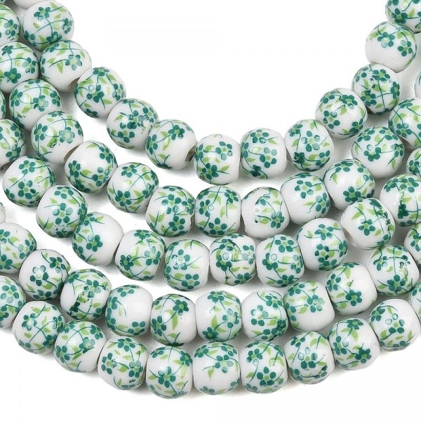 sz24 Koraliki ceramiczne z nadrukiem kwiatowym, okrągłe 6 mm, sznur ok 33cm
