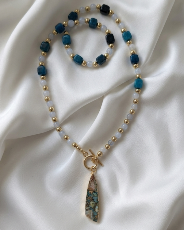 544L Naszyjnik dolomit, jadeit kamień naturalny 50cm stal chirurgiczna nierdzewna kryształki