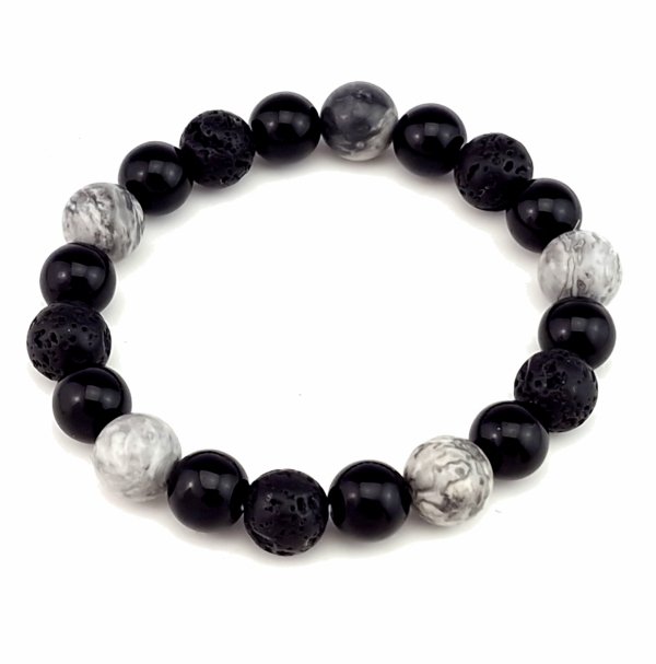 842a Bransoletka na gumce lawa wulkaniczna, jaspis, onyks kamień naturalny