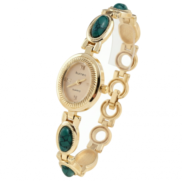 0204 Ekskluzywny damski złoty zegarek Kurren klasyk kamień turkus