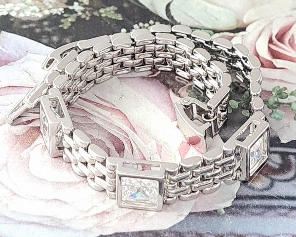 4595 Bransoletka srebrna cyrkonie 19cm pozłacana białym złotem Xuping 