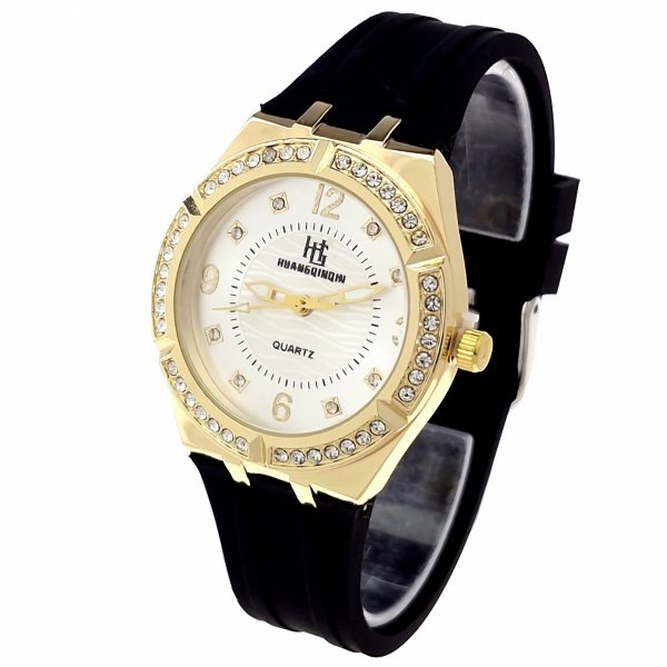 2053 Ekskluzywny damski złoty zegarek błyszczący cyrkonie klasyk silikonowy pasek