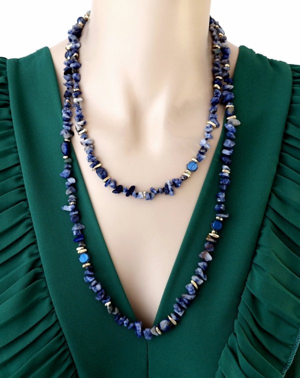 4476 Łańcuszek naszyjnik kamień naturalny sodalit lapis lazuli sieczka długi stal chirugiczna