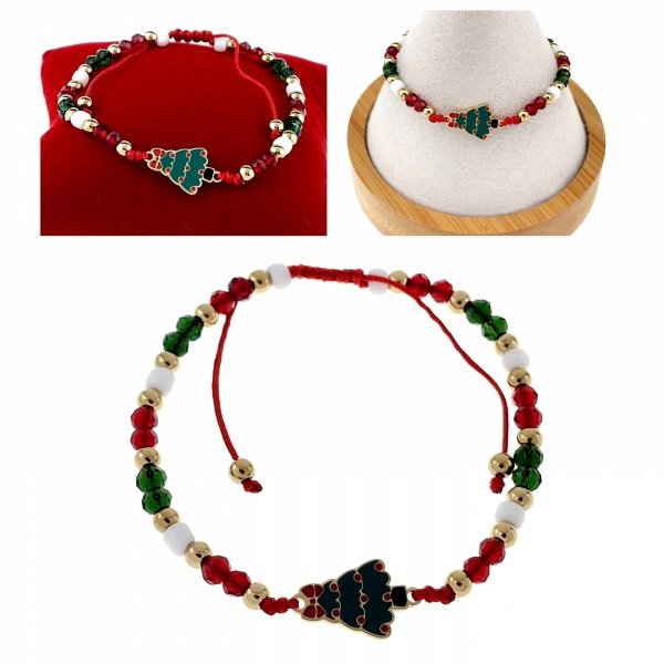 1019 Bransoletka świąteczna na sznurku stal chirurgiczna choinka