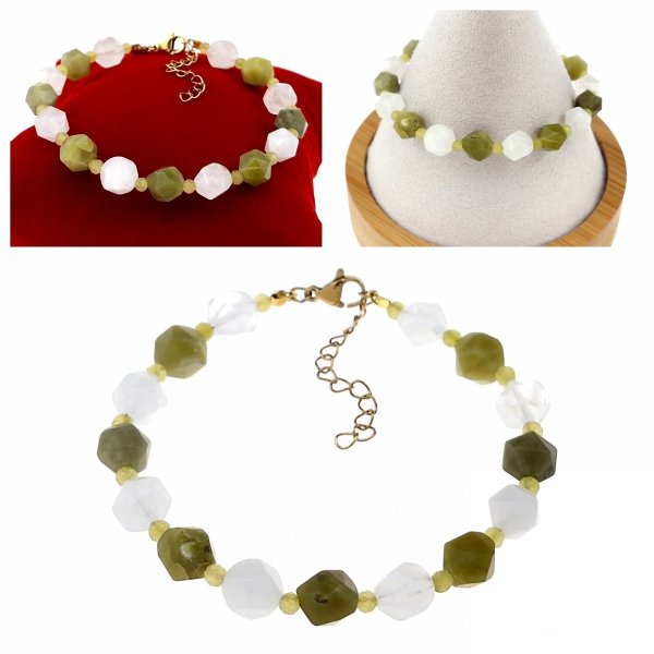 1921k Bransoletka złota 18+3 stal chirurgiczna 316L nierdzewna kamień kryształ górski oliwin