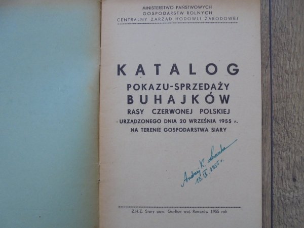 Katalog pokazu-sprzedaży Buhajków rasy czerwonej polskiej urządzonego dnia 20 września 1955 r. na terenie gospodarstwa Siary [Buhajki]