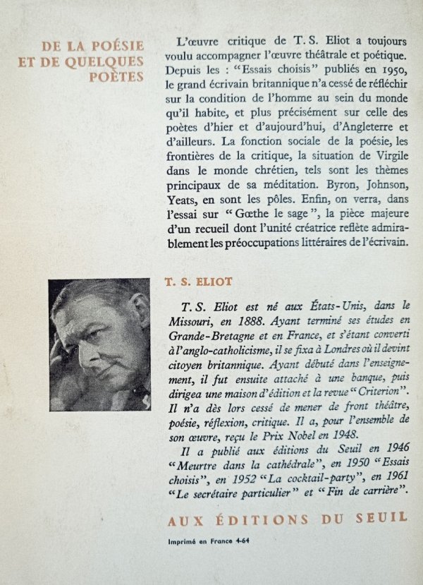 T.S. Eliot De la poésie et de quelques poètes