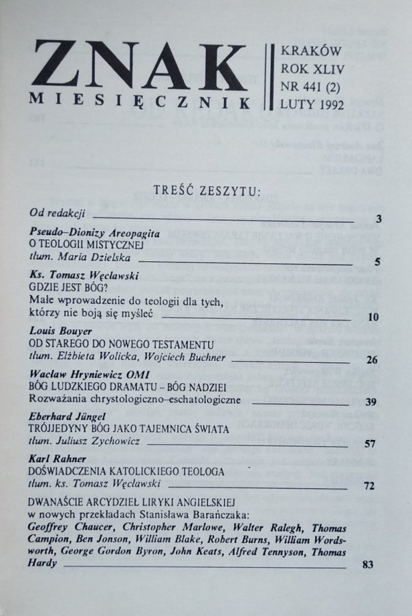 Znak 2/1992 • Bóg teologów [Pseudo-Dionizy Areopagita, Karl Rahner, Stanisław Barańczak]