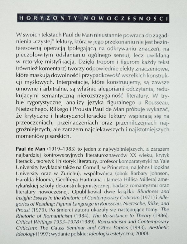 Paul de Man Alegorie czytania. Język figuralny u Rousseau, Nietzschego, Rilkego i Prousta