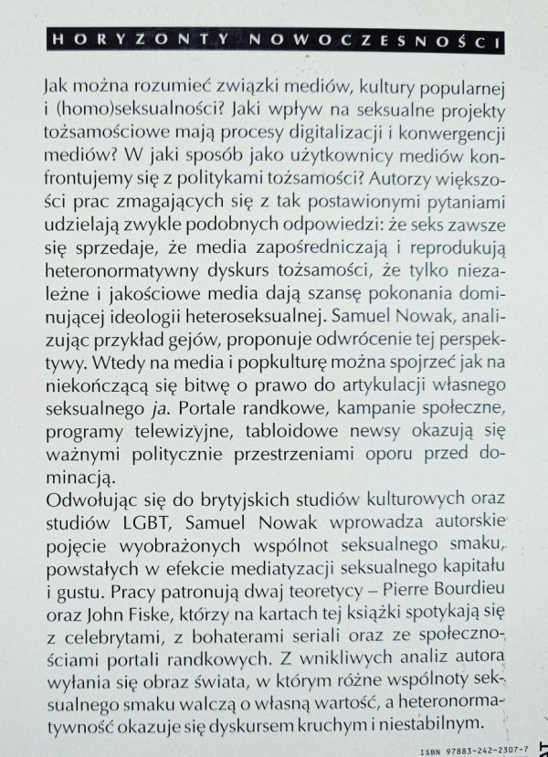 Samuel Nowak Seksualny kapitał. Wyobrażone wspólnoty smaku i medialne tożsamości polskich gejów