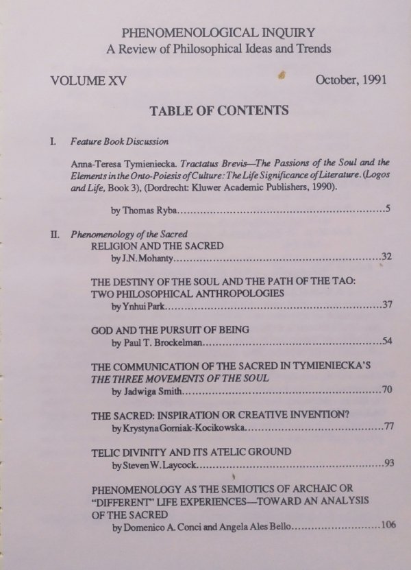 Phenomenological Inquiry Volume 15, October 1991. Phenomenology of the Sacred