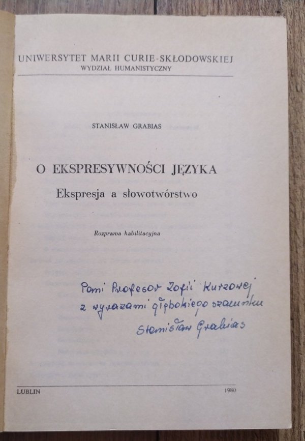 Stanisław Grabias O ekspresywności języka [dedykacja autorska]