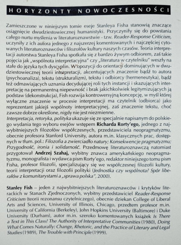 Stanley Fish Interpretacja, retoryka, polityka