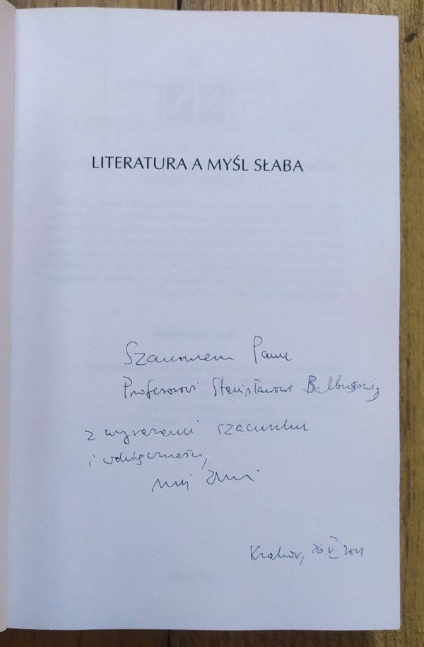Andrzej Zawadzki Literatura a myśl słaba [dedykacja autorska]