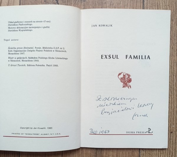 Jan Kowalik Exsul Familia / dedykacja autorska