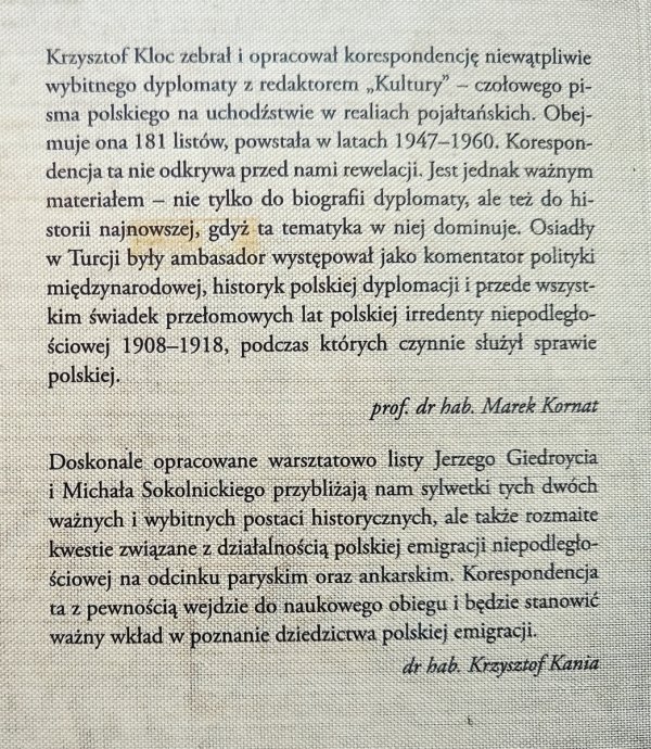 Jerzy Giedroyc, Michał Sokolnicki Korespondencja 1947-1960