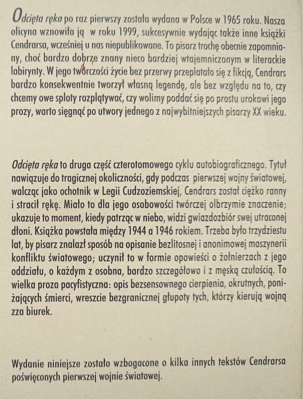 Blaise Cendrars Odcięta ręka i inne wojenne opowieści