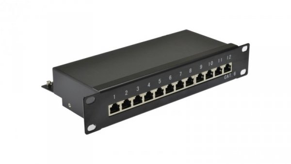 Patch panel RACK 10 cali kat.6 12p FTP z półką 1U czarny NEKU