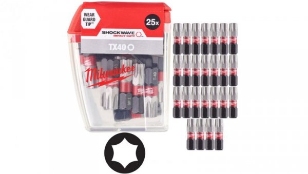 Bity udarowe do wkrętarki TORX TX40 25mm 1/4 SHOCKWAVE 25szt MILWAUKEE