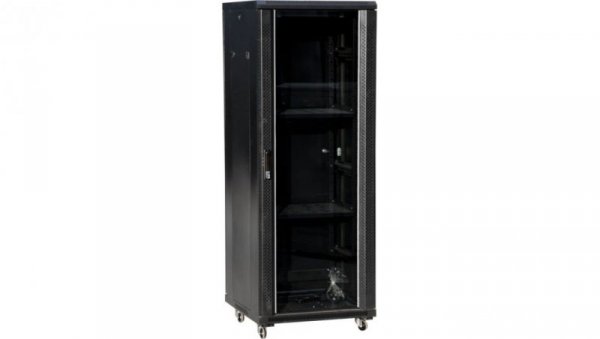 Szafa teleinformatyczna rack 19 cali 24U 600x600, drzwi szklane, kolor czarny FLAT PACK
