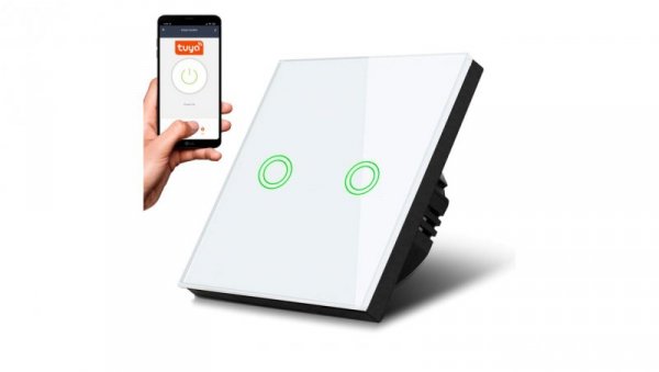 Dotykowy włącznik światła Maclean, podwójny, SMART, Tuya APP, szklany, biały z okrągłym podśw. przycisku, 86x86mm, MCE714W