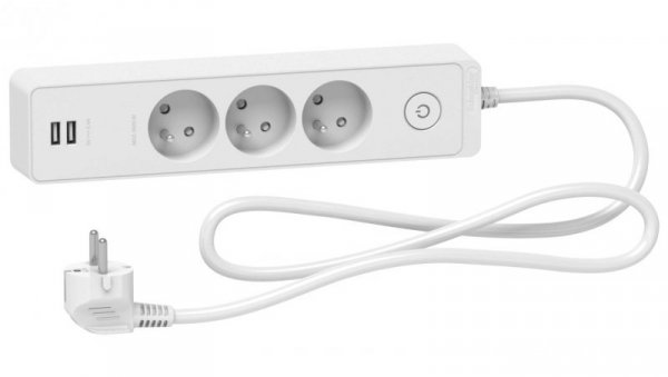 Odace Przedłużacz 3 gniazdowy z łącznikiem 2x USB, 1,5m biały ST933U1W