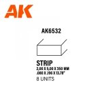 AK Interactive AK6532 STRIPS 2.00 X 5.00 X 350MM – STYRENE STRIP – (8 UNITS)