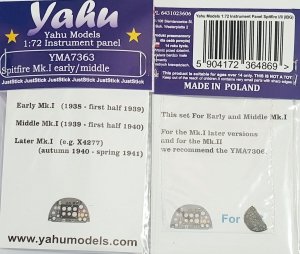 Yahu YMA7363 Supermarine Spitfire Mk.I Early/Middle - Instrumet Panel (for IBG Kits) 1/72