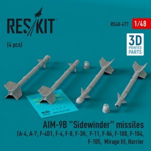 RESKIT RS48-0477 AIM-9B Sidewinder missiles (4 pcs) (3D Printed) 1/48