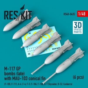 RESKIT RS48-0435 M-117 GP BOMBS (LATE) WITH MAU-103 CONICAL FIN (6 PCS) (3D PRINTED) 1/48