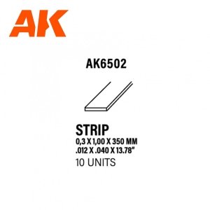 AK Interactive AK6502 STRIPS 0.30 X 1.00 X 350MM – STYRENE STRIP – (10 UNITS)