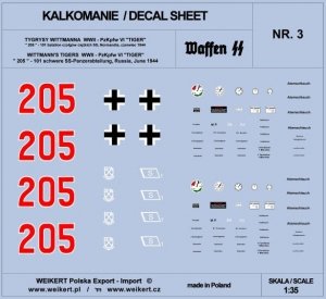 Weikert Decals DEC203 TIGER I - czołg 205 - 101 batalion czołgów ciężkich SS, Normandia, czerwiec 1944 - vol.3 1/35