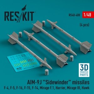 RESKIT RS48-0480 AIM-9J Sidewinder missiles (4 pcs) (3D Printed) 1/48