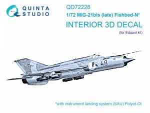 Quinta Studio QD72228 MiG-21bis late 3D-Printed & coloured Interior on decal paper ( Eduard ) 1/72