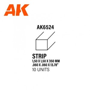 AK Interactive AK6524 STRIPS 1.50 X 1.50 X 350MM – STYRENE STRIP – (10 UNITS)