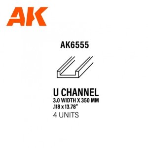 AK Interactive AK6555 CHANNEL 3.0 WIDTH X 350MM – STYRENE U CHANNEL – (4 UNITS)