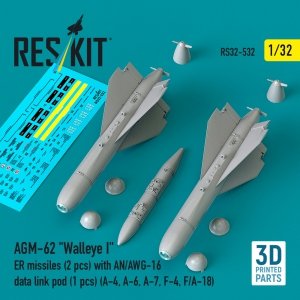 RESKIT RS32-0532 AGM-62 Walleye I ER missiles (2 pcs) with AN/AWG-16 data link pod (1 pcs) (A-4, A-6, A-7, F-4, F/A-18) (3D Printed) (1/32)