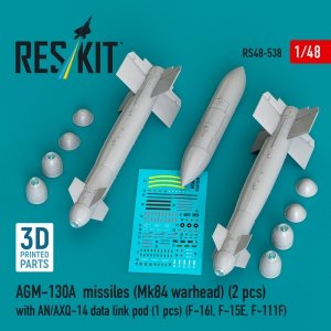 RESKIT RS48-0538 AGM-130A missiles (2 pcs) (Mk84 warhead) with AN/AXQ-14 data link pod (1 pcs) (3D Printed) 1/48