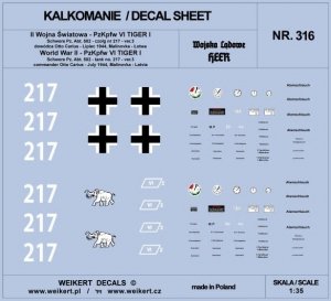 Weikert Decals DEC316 TIGER I - Otto Carius - czołg 217 - Schwere Pz. Abt. 502 , Malinovka - Łotwa, lipiec 1944 - ver.3 1/35