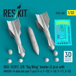 RESKIT RS32-0540 GBU-15(V)21, 22/B Small Wing bombs (2 pcs) with AN/AXQ-14 data link pod (1 pcs) (3D Printed) 1/32