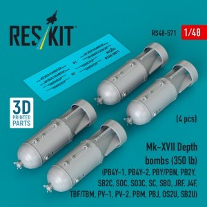 RESKIT RS48-0571 Mk-XVII Depth bombs (350 lb) (4 pcs) (PB4Y-1, PB4Y-2, PBY/PBN, PB2Y, SB2C, SOC, SO3C, SC, SBD, JRF, J4F, TBF/TBM, PV-1, PV-2, PBM, PBJ, OS2U, SB2U ) (3D Printed) (1/48)